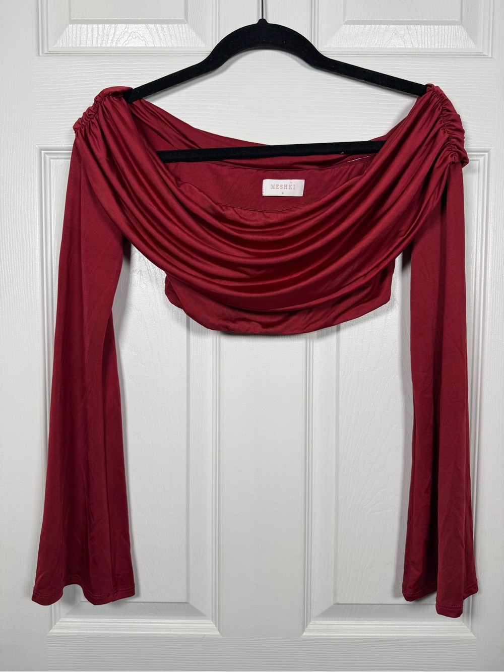MESHKI Camryn Burgundy Off Shoulder Long Sleeve Crop Top M